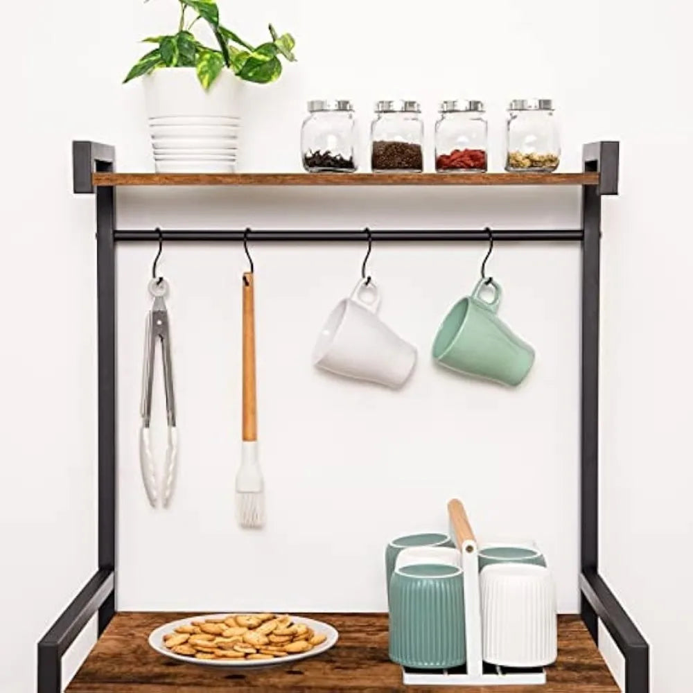 4 Tier Microwave Stand with 8 Hooks, Wooden Shelf