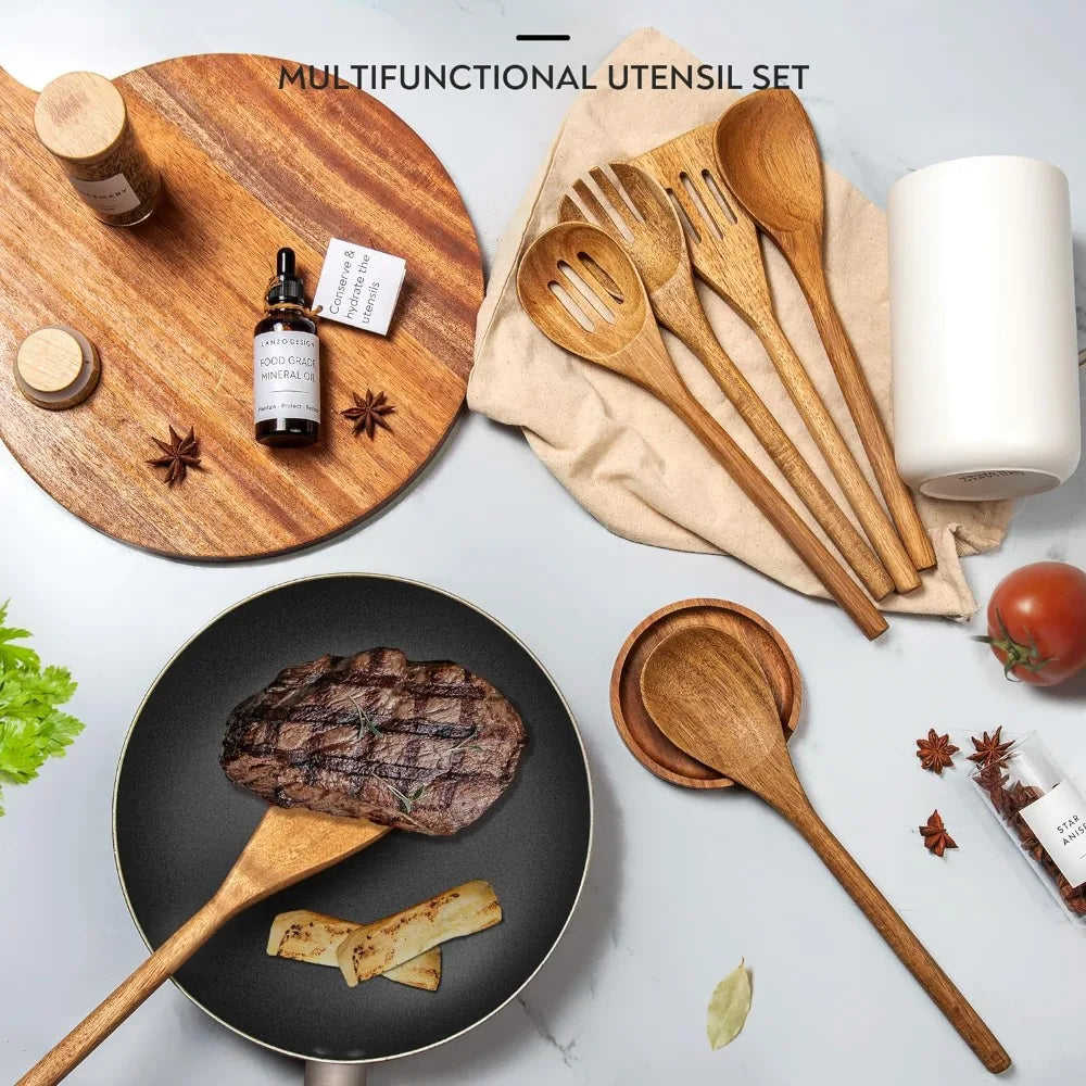 Wooden Cookware Set with Holder and Wood Oil