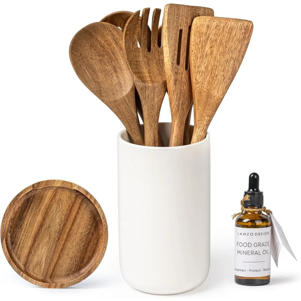 Wooden Cookware Set with Holder and Wood Oil