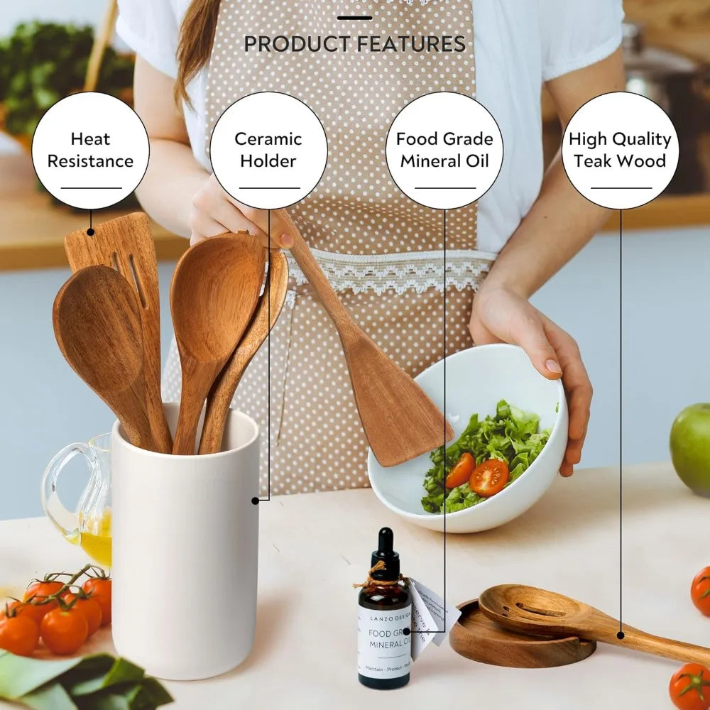 Wooden Cookware Set with Holder and Wood Oil