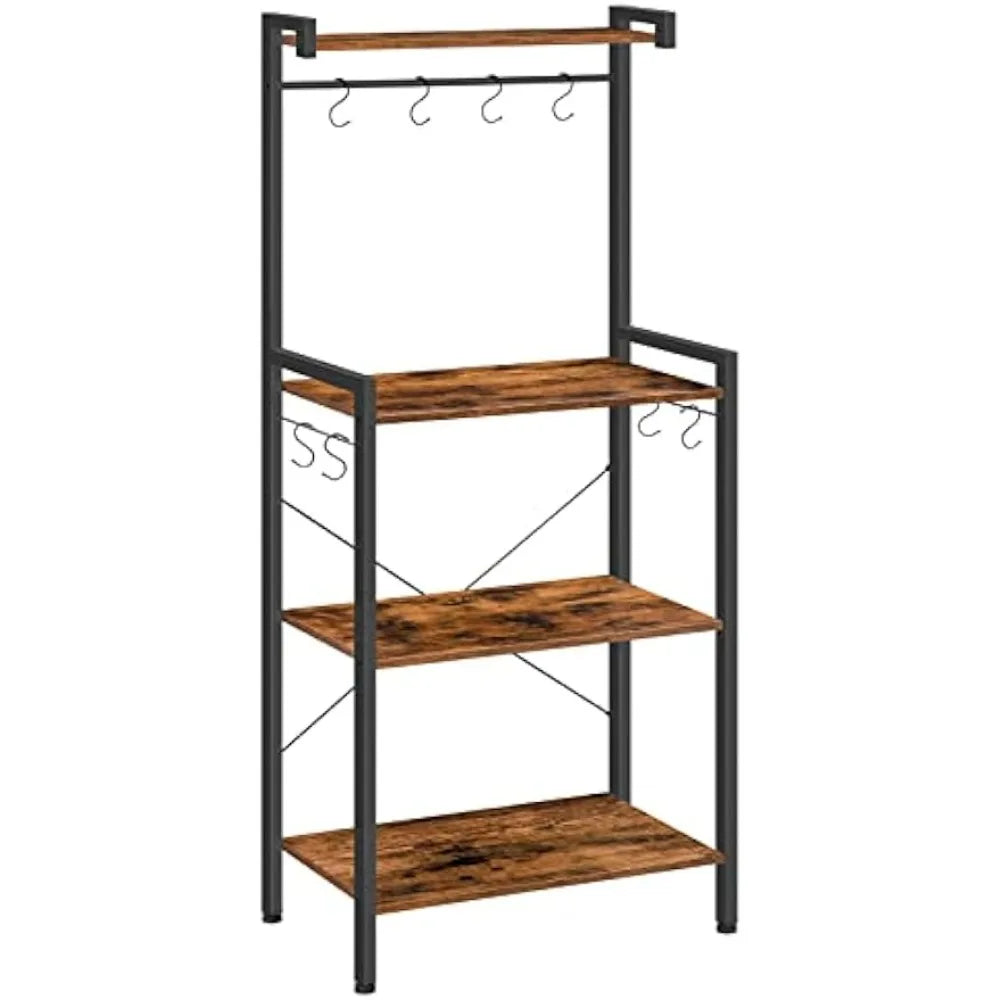 4 Tier Microwave Stand with 8 Hooks, Wooden Shelf