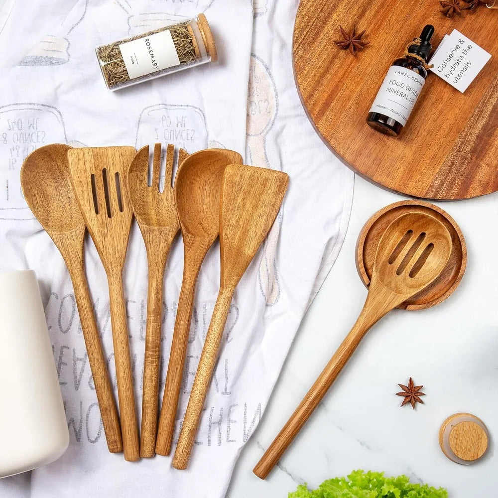 Wooden Cookware Set with Holder and Wood Oil